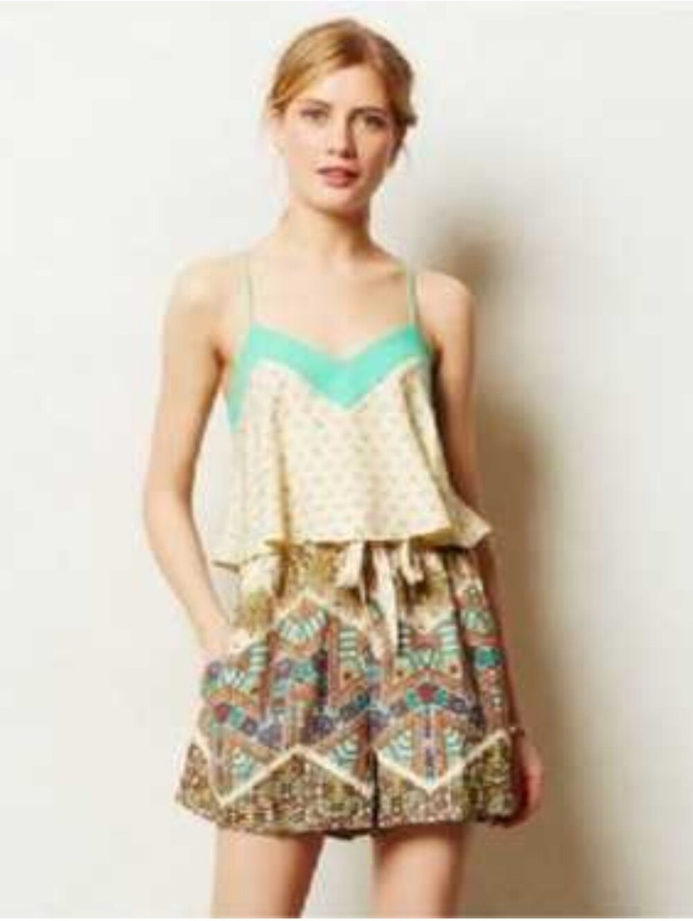 Anthropologie Elevenses Teal-Trim Spaghetti Strap Romper Size 8